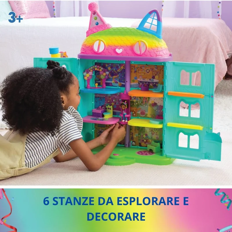 Gabby's Dollhouse, la Casa delle Bambole di Gabby a Tema Festa, 15 Pezzi a Tema Arcobaleno, Personaggi e Mobili per la Casa delle Bambole con Effetti Sonori, Alta 60 cm, 3+ Anni