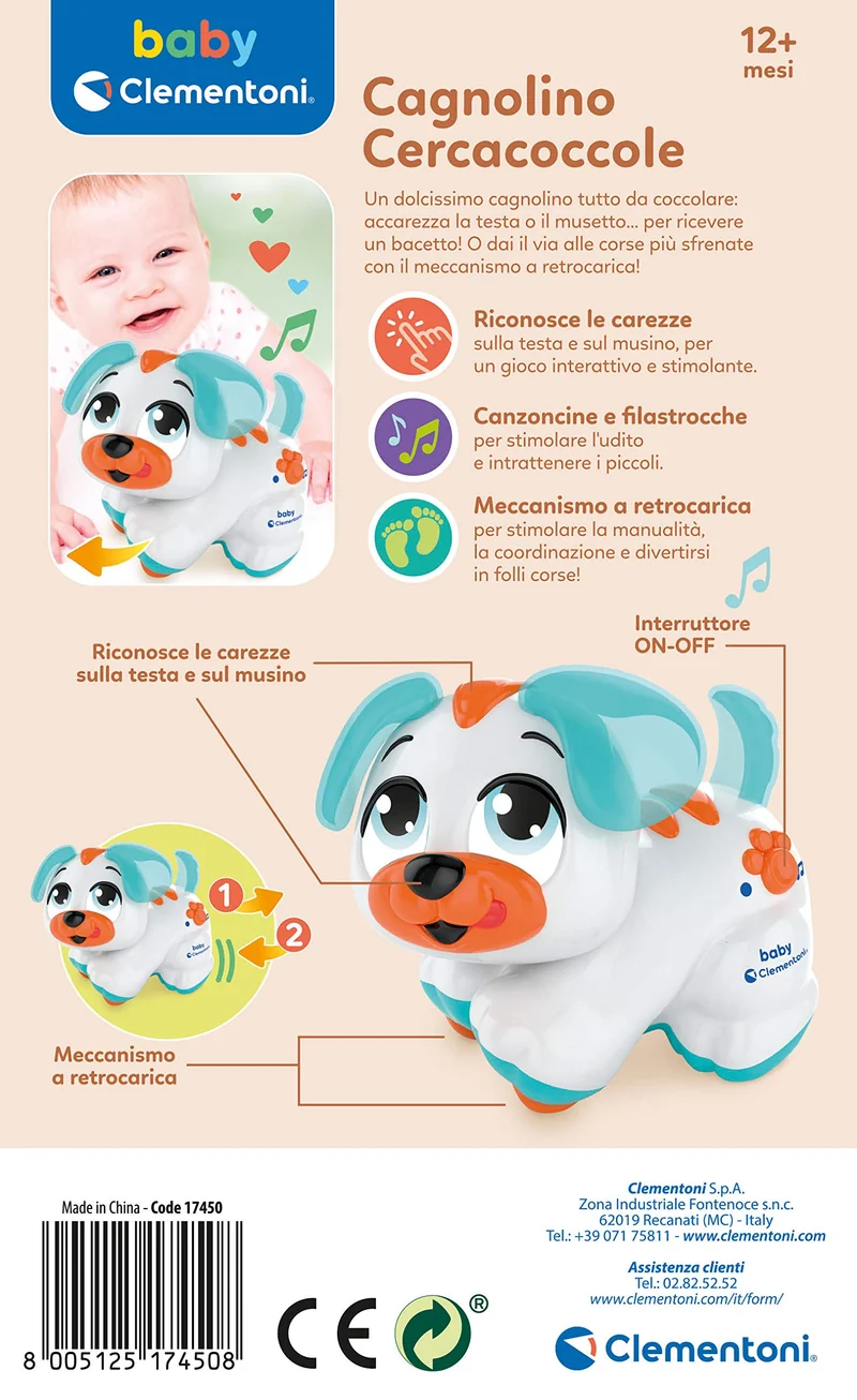 Clementoni Baby Cagnolino Cercacoccole, Gioco Interattivo Musicale per Bambini 12+ Mesi, Centro attività Prima Infanzia, Cane da Accarezzare per Riprodurre Canzoni e Filastrocche, 17450