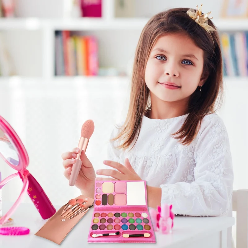 AYNKH Set di trucchi per ragazze, 33 colori, giocattoli per il trucco per bambini, atossici, con 8 pennelli lavabili, spettacoli teatrali, Halloween, feste di compleanno, set di bellezza regalo