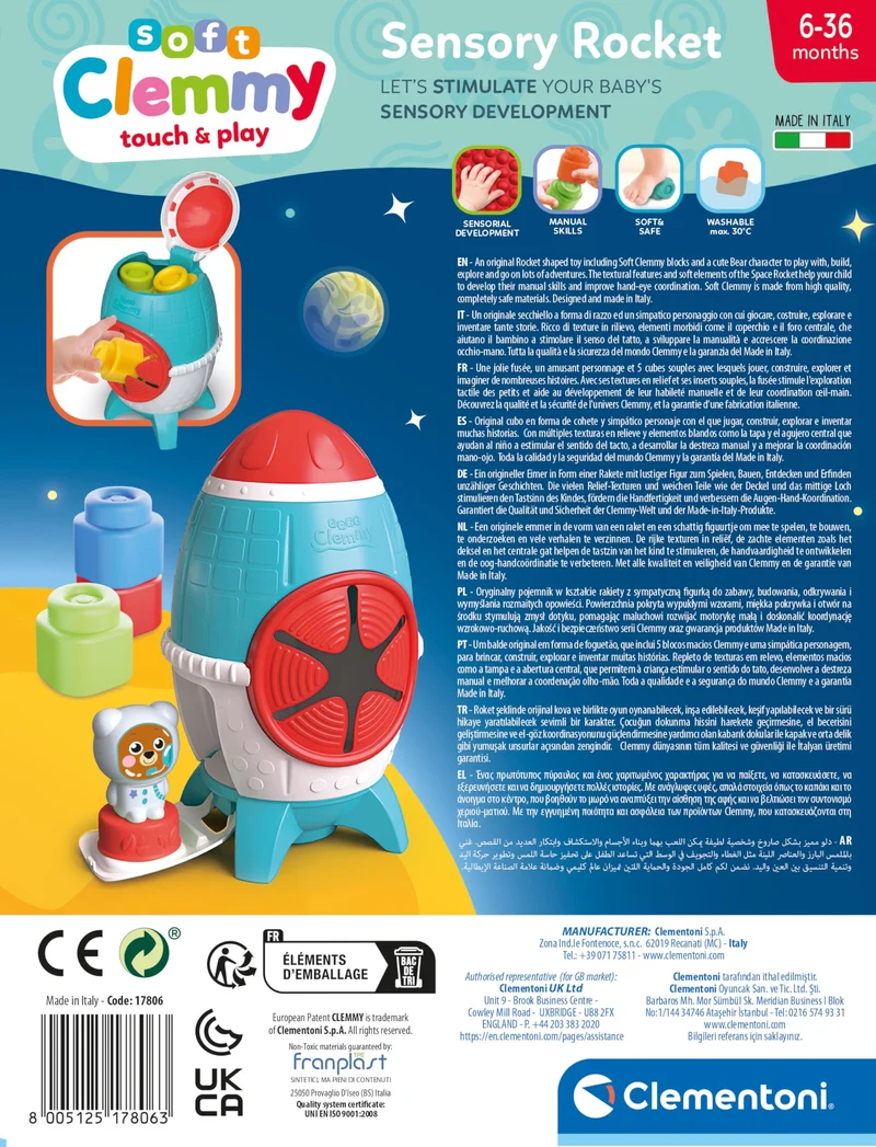 Clementoni - 17806 - Soft Clemmy - Touch, Explore And Play Sensory Rocket, Razzo con Mattoncini Morbidi e Personaggio, Set Costruzioni Prima Infanzia Multilingua per Bambini 6 Mesi, Made in Italy