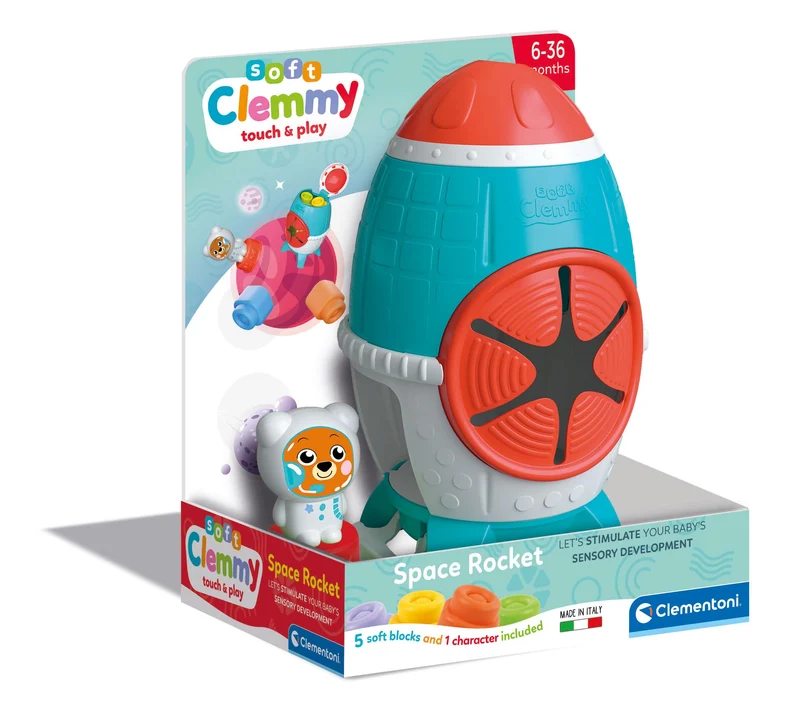 Clementoni - 17806 - Soft Clemmy - Touch, Explore And Play Sensory Rocket, Razzo con Mattoncini Morbidi e Personaggio, Set Costruzioni Prima Infanzia Multilingua per Bambini 6 Mesi, Made in Italy