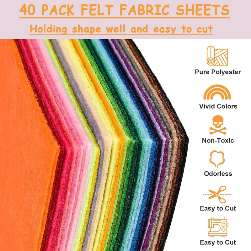 Menmamenma Feltro in Fogli, 40 Colori Feltro 20 * 30 cm Colorato Pannolenci Feltro DIY Tessuto Poliestere Cuciture per Cucire Mestieri Stoffa di Cucito Bricolage Patchwork Creativi Fai-da-Te