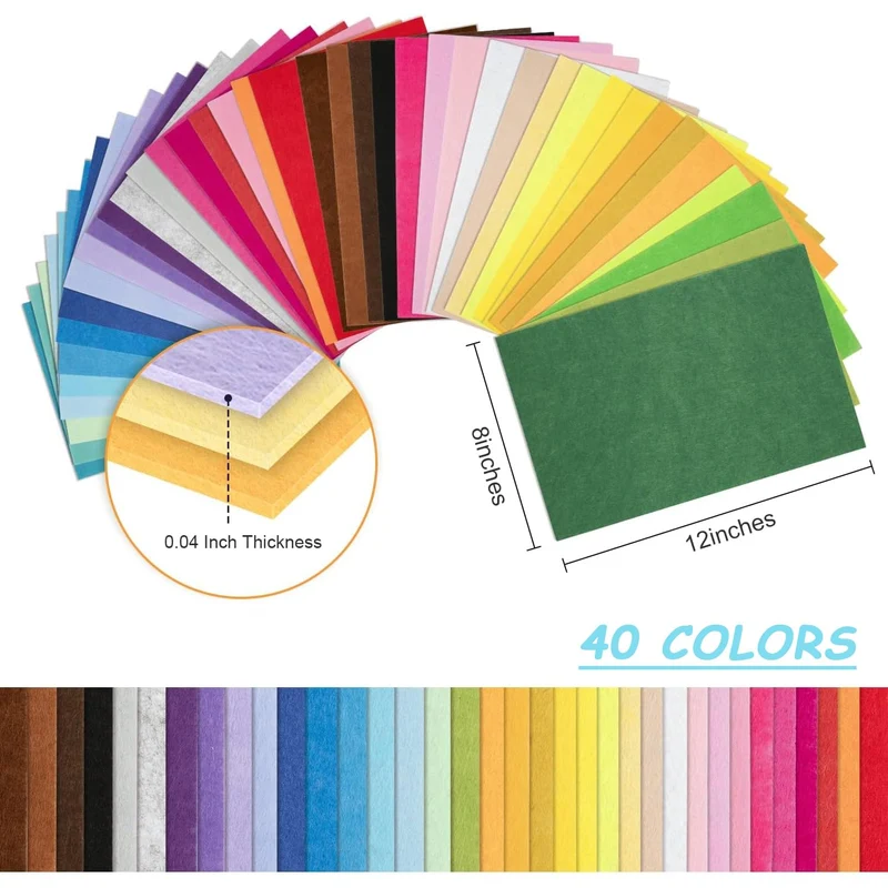 Menmamenma Feltro in Fogli, 40 Colori Feltro 20 * 30 cm Colorato Pannolenci Feltro DIY Tessuto Poliestere Cuciture per Cucire Mestieri Stoffa di Cucito Bricolage Patchwork Creativi Fai-da-Te