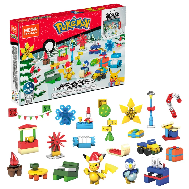 MEGA Pokémon - Calendario dell'Avvento, 24 sorprese natalizie a tema Pokémon da scoprire, include 2 Pokémon snodati da costruire, Pikachu e Piplup, giocattolo per bambini, 6+ anni, GYG99
