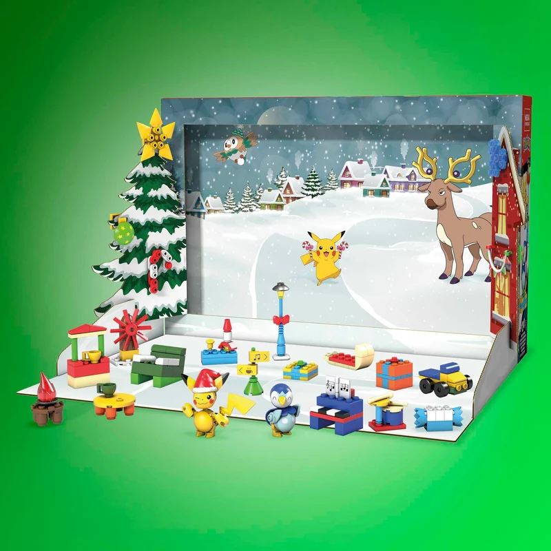 MEGA Pokémon - Calendario dell'Avvento, 24 sorprese natalizie a tema Pokémon da scoprire, include 2 Pokémon snodati da costruire, Pikachu e Piplup, giocattolo per bambini, 6+ anni, GYG99