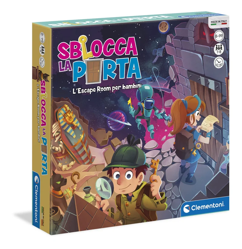 Clementoni - Sblocca la Porta, Gioco da Tavolo, 3 Escape Room per Bambini 8+ Anni e Adulti, Ambientata in 3 Luoghi Misteriosi, 1-8 Giocatori, Idea Regalo Made in Italy, Lingua Italiana, 16155