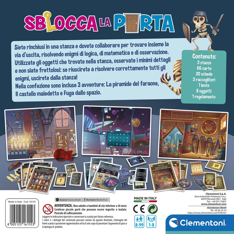 Clementoni - Sblocca la Porta, Gioco da Tavolo, 3 Escape Room per Bambini 8+ Anni e Adulti, Ambientata in 3 Luoghi Misteriosi, 1-8 Giocatori, Idea Regalo Made in Italy, Lingua Italiana, 16155