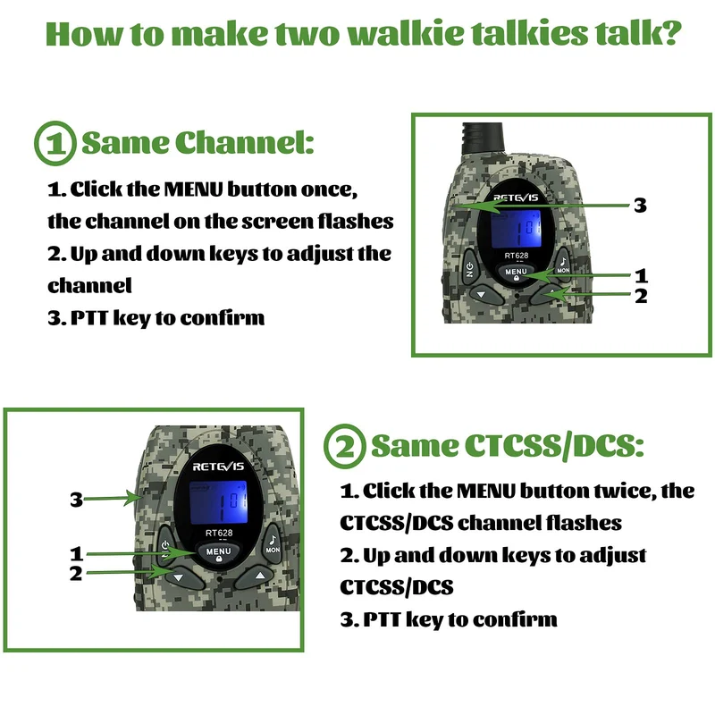 Retevis RT628 Walkie Talkie per Bambini, a Lungo Raggio 8CH per Bambini di 3-12 Anni, Regali Giocattolo per Avventure all'Aperto in Campeggio (1 Paio, Mimetico)