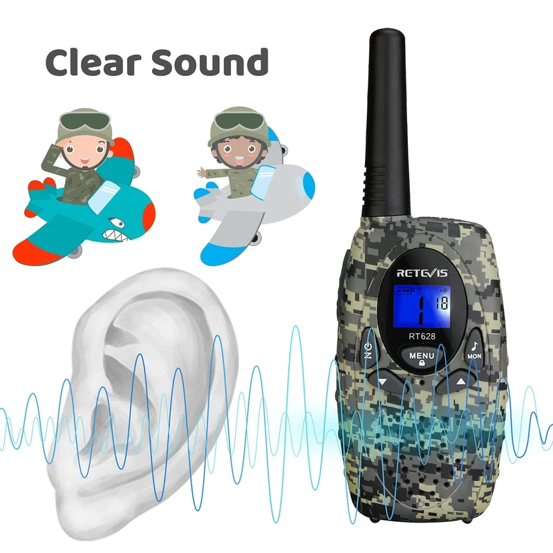 Retevis RT628 Walkie Talkie per Bambini, a Lungo Raggio 8CH per Bambini di 3-12 Anni, Regali Giocattolo per Avventure all'Aperto in Campeggio (1 Paio, Mimetico)