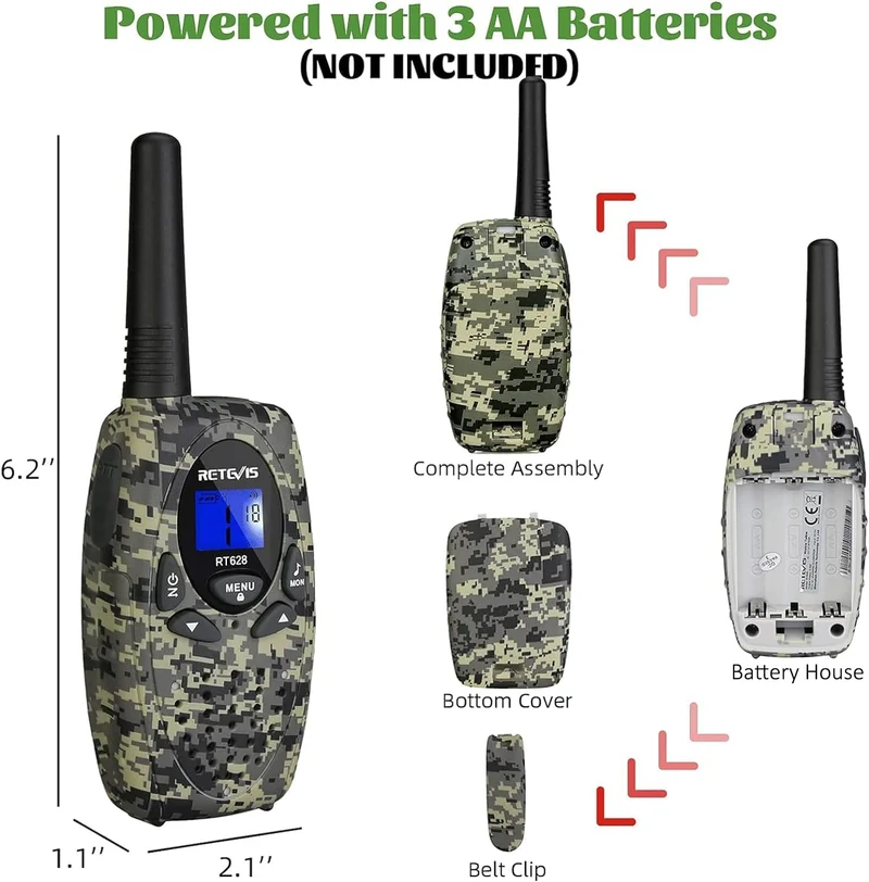 Retevis RT628 Walkie Talkie per Bambini, a Lungo Raggio 8CH per Bambini di 3-12 Anni, Regali Giocattolo per Avventure all'Aperto in Campeggio (1 Paio, Mimetico)