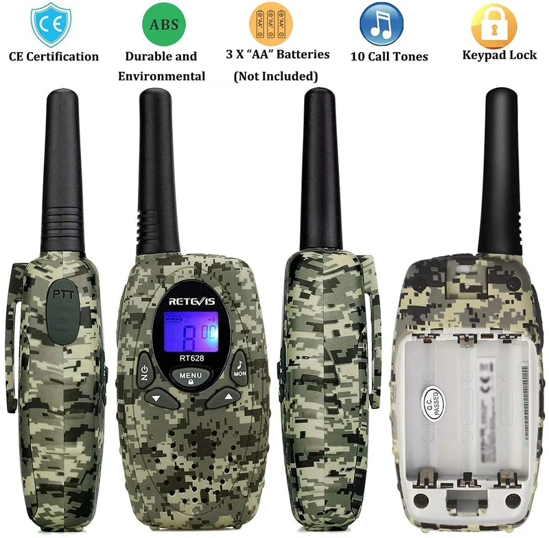 Retevis RT628 Walkie Talkie per Bambini, a Lungo Raggio 8CH per Bambini di 3-12 Anni, Regali Giocattolo per Avventure all'Aperto in Campeggio (1 Paio, Mimetico)