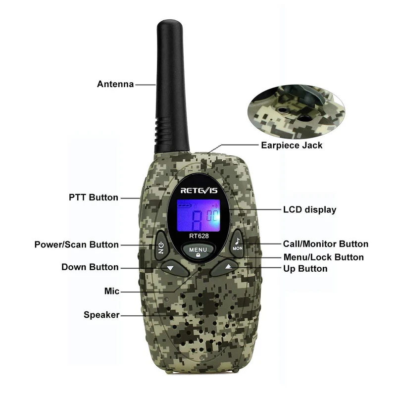 Retevis RT628 Walkie Talkie per Bambini, a Lungo Raggio 8CH per Bambini di 3-12 Anni, Regali Giocattolo per Avventure all'Aperto in Campeggio (1 Paio, Mimetico)