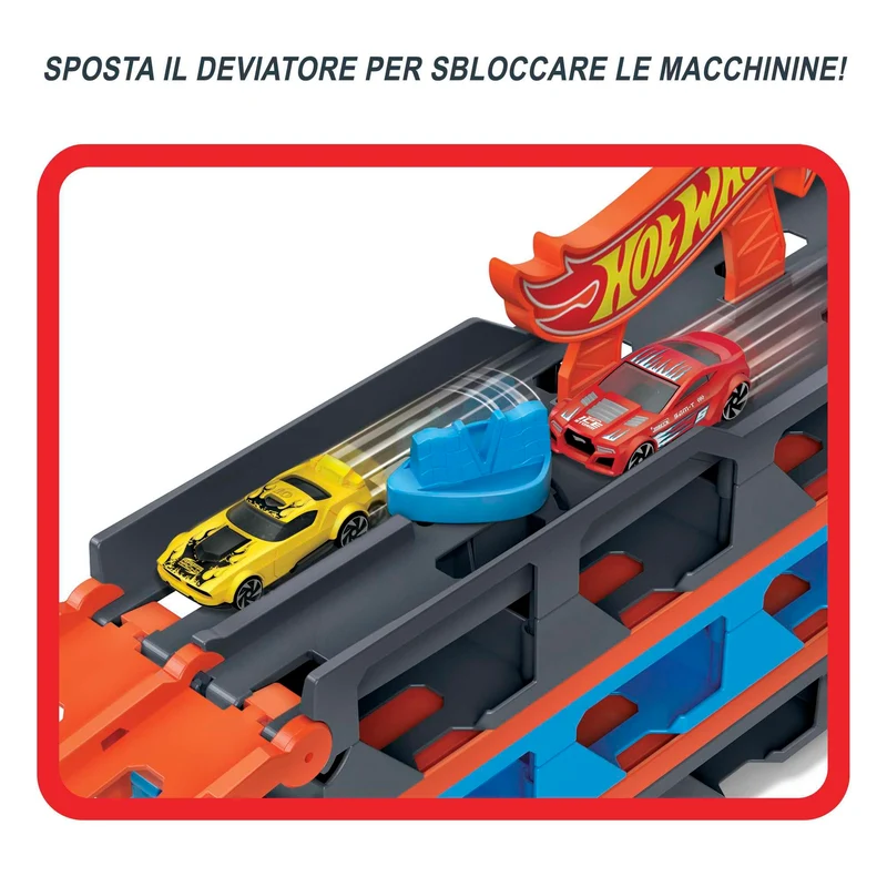 Hot Wheels - Camion Trasportatore 2 in 1, Trasportatore e Pista con 3 Auto in Scala 1:64 per Bambini da 4 a 8 Anni, HGH33, Imballaggio Sostenibile