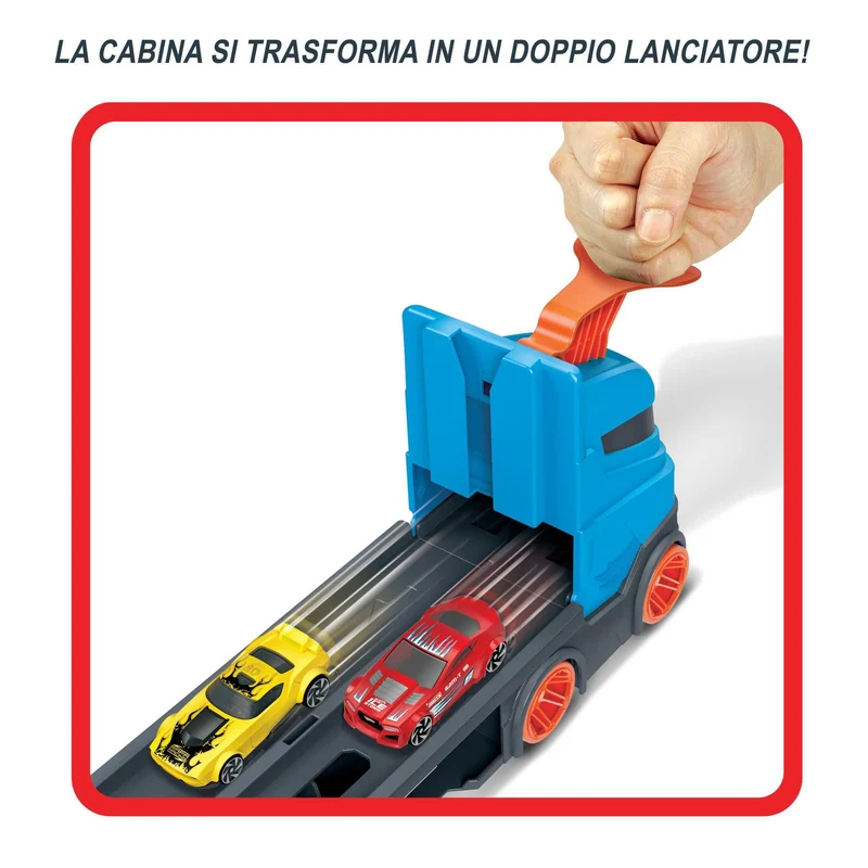 Hot Wheels - Camion Trasportatore 2 in 1, Trasportatore e Pista con 3 Auto in Scala 1:64 per Bambini da 4 a 8 Anni, HGH33, Imballaggio Sostenibile