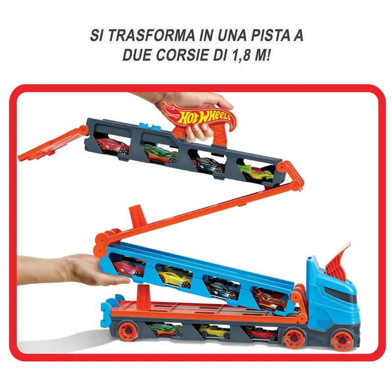 Hot Wheels - Camion Trasportatore 2 in 1, Trasportatore e Pista con 3 Auto in Scala 1:64 per Bambini da 4 a 8 Anni, HGH33, Imballaggio Sostenibile