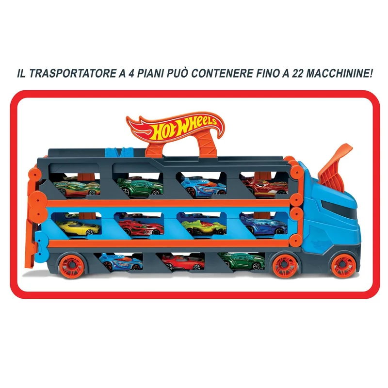 Hot Wheels - Camion Trasportatore 2 in 1, Trasportatore e Pista con 3 Auto in Scala 1:64 per Bambini da 4 a 8 Anni, HGH33, Imballaggio Sostenibile