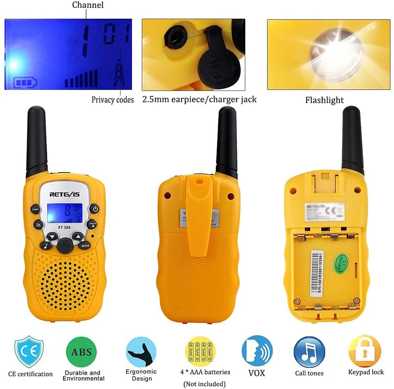 Retevis RT388 Walkie Talkie Bambini, Giocattoli Bambini con Serratura a Chiave VOX a Lungo Raggio Compleanni e Vacanze, 3-12 Ragazzi per Attività Esterna e Interna (1 Paio, Giallo)