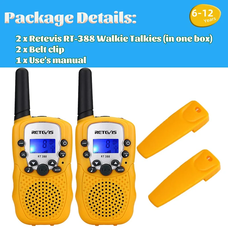 Retevis RT388 Walkie Talkie Bambini, Giocattoli Bambini con Serratura a Chiave VOX a Lungo Raggio Compleanni e Vacanze, 3-12 Ragazzi per Attività Esterna e Interna (1 Paio, Giallo)