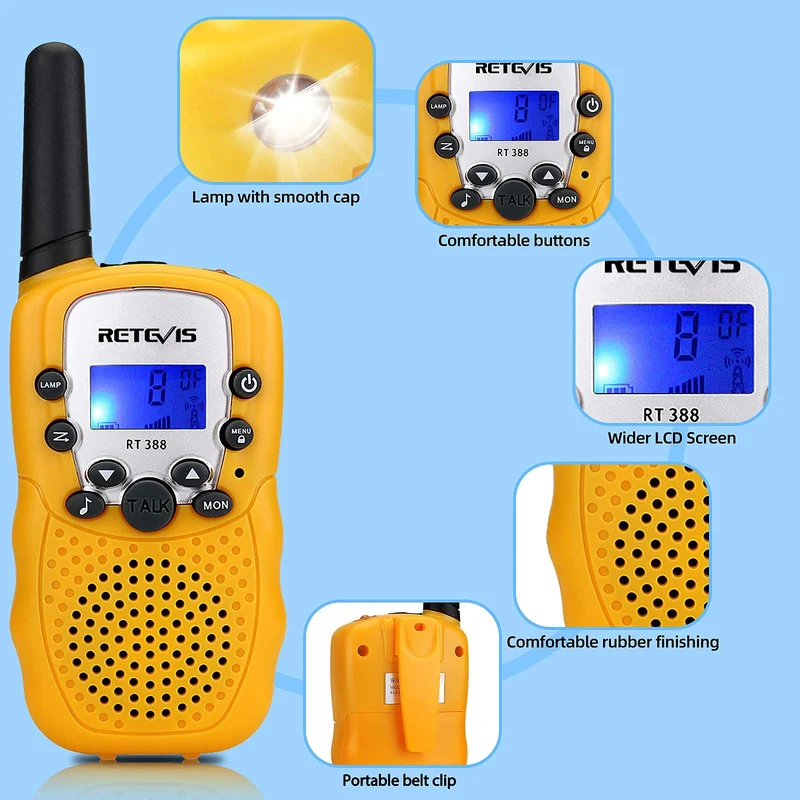 Retevis RT388 Walkie Talkie Bambini, Giocattoli Bambini con Serratura a Chiave VOX a Lungo Raggio Compleanni e Vacanze, 3-12 Ragazzi per Attività Esterna e Interna (1 Paio, Giallo)