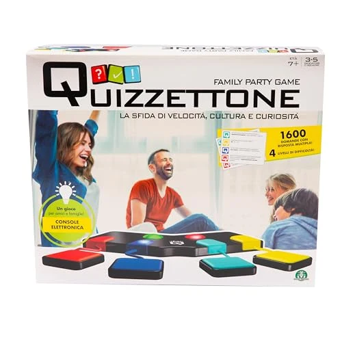 Giochi Preziosi Quizzettone, Gioco da Tavolo Interattivo con Console LED, Carte Multilivello e Pedine, Gioco in Scatola per Tutta la Famiglia e Amici con 200 Carte, 1600 domande e 4 Difficoltà