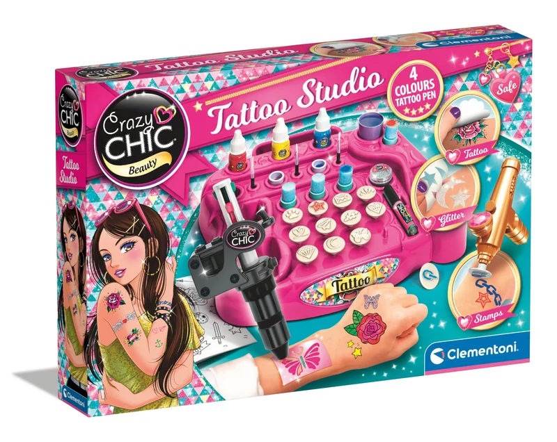 Clementoni Crazy Chic - Tattoo Studio, Gioco Creativo per Bambine di 6+ Anni, Kit Completo per Creare Tatuaggi Glitterati e Temporanei, Set con Tattoos Unici, Regalo Divertente e Colorato, 18602