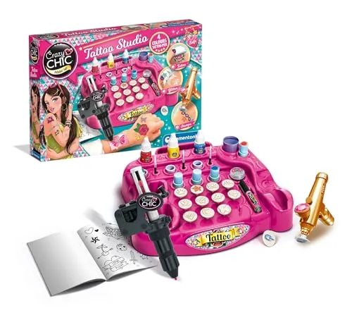 Clementoni Crazy Chic - Tattoo Studio, Gioco Creativo per Bambine di 6+ Anni, Kit Completo per Creare Tatuaggi Glitterati e Temporanei, Set con Tattoos Unici, Regalo Divertente e Colorato, 18602
