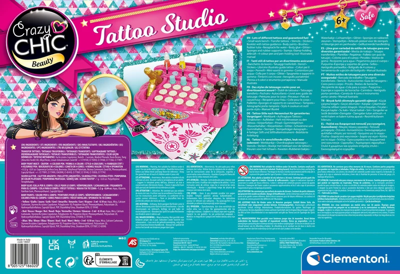 Clementoni Crazy Chic - Tattoo Studio, Gioco Creativo per Bambine di 6+ Anni, Kit Completo per Creare Tatuaggi Glitterati e Temporanei, Set con Tattoos Unici, Regalo Divertente e Colorato, 18602