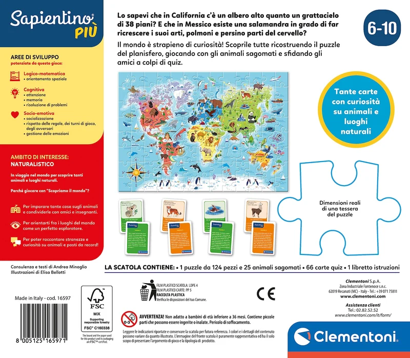 Clementoni - 16597 - Sapientino più - Scopriamo Il Mondo - Gioco Educativo sulla Geografia, Puzzle Planisfero per Bambini dai 6 Anni (Gioco in Italiano), Made in Italy
