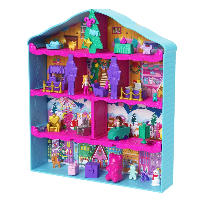 Polly Pocket - Calendario dell'Avvento, playset casa di pan di zenzero con 2 bambole e 24 accessori a sorpresa a tema festività inclusi, giocattolo per bambini, 4+ anni, HWP33