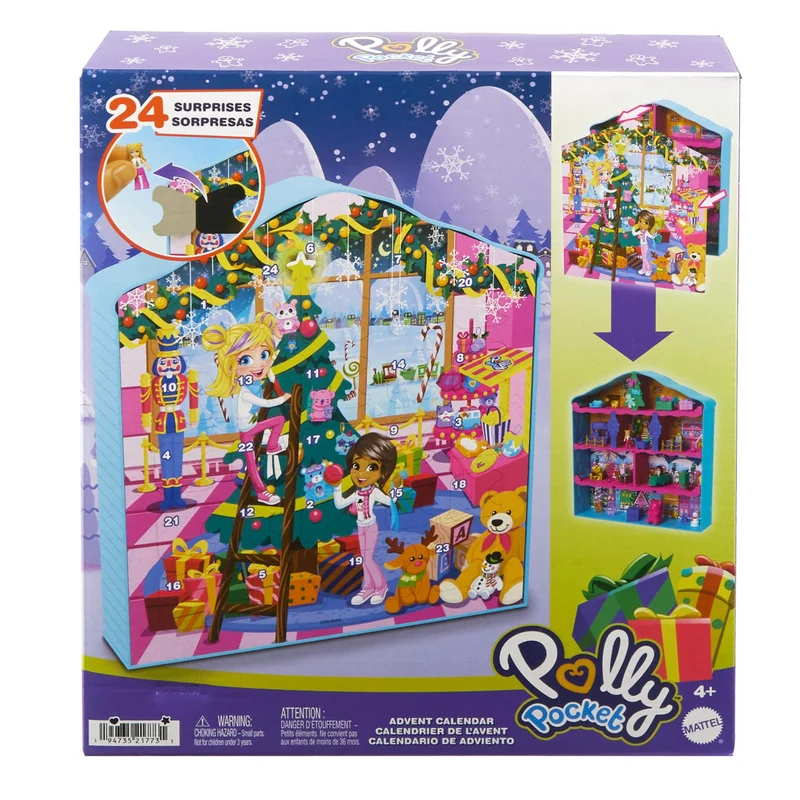 Polly Pocket - Calendario dell'Avvento, playset casa di pan di zenzero con 2 bambole e 24 accessori a sorpresa a tema festività inclusi, giocattolo per bambini, 4+ anni, HWP33