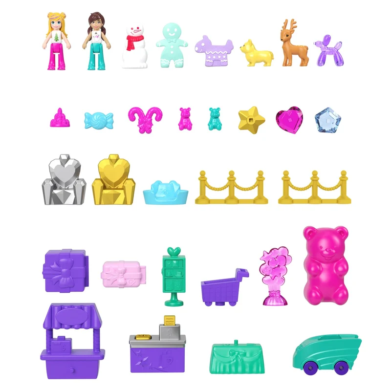 Polly Pocket - Calendario dell'Avvento, playset casa di pan di zenzero con 2 bambole e 24 accessori a sorpresa a tema festività inclusi, giocattolo per bambini, 4+ anni, HWP33