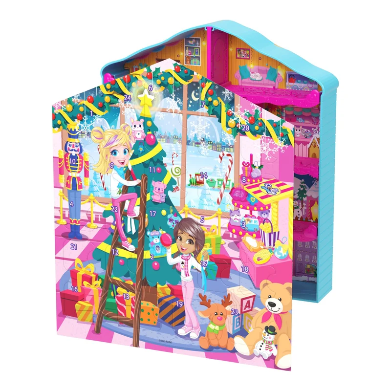 Polly Pocket - Calendario dell'Avvento, playset casa di pan di zenzero con 2 bambole e 24 accessori a sorpresa a tema festività inclusi, giocattolo per bambini, 4+ anni, HWP33