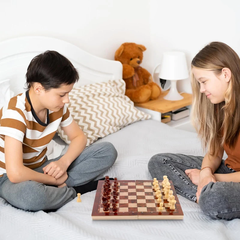 talifoca 3 in 1 Scacchiera in Legno, Scacchiera Pieghevole Chess Board Set, pieghevole portatile set scacchiera, per bambini adulti festa di viaggio 29x29 cm