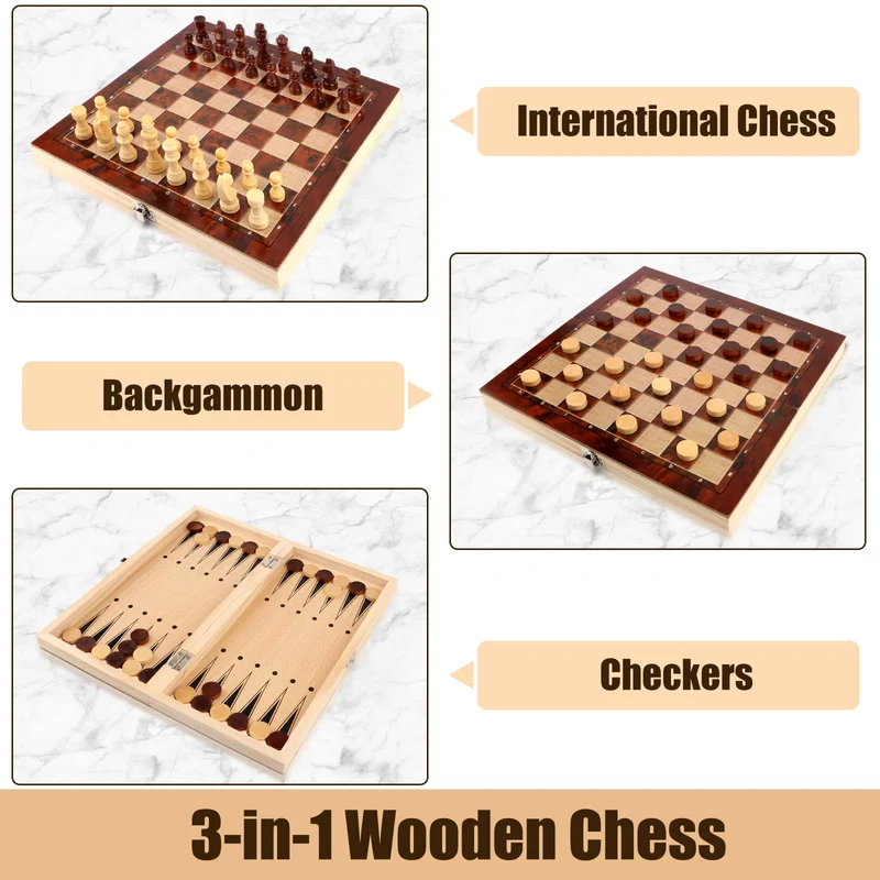 talifoca 3 in 1 Scacchiera in Legno, Scacchiera Pieghevole Chess Board Set, pieghevole portatile set scacchiera, per bambini adulti festa di viaggio 29x29 cm