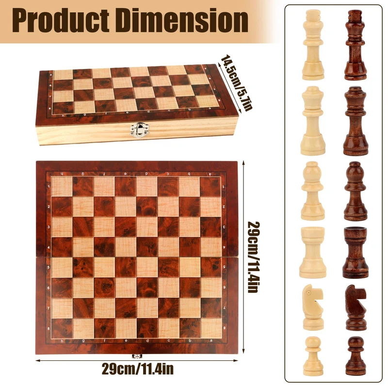 talifoca 3 in 1 Scacchiera in Legno, Scacchiera Pieghevole Chess Board Set, pieghevole portatile set scacchiera, per bambini adulti festa di viaggio 29x29 cm