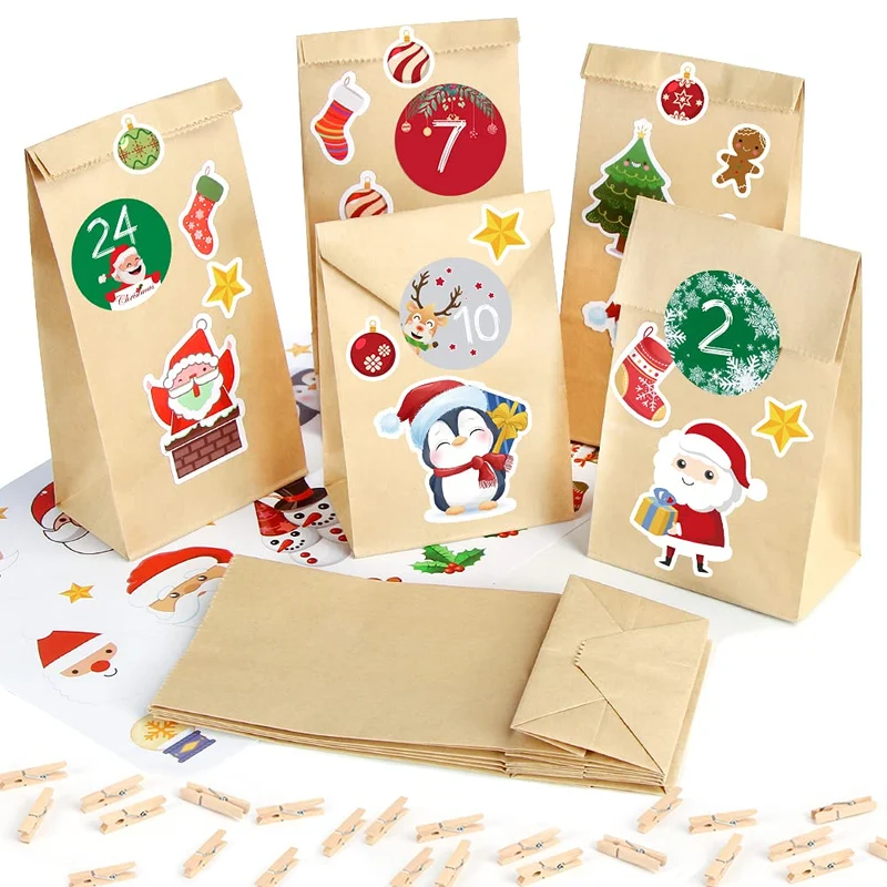 Calendario dell'Avvento, 25 Sacchetti di Carta Kraft con Adesivi Numerici, Calendario dell'Avvento Fai da Te, Avvento Calendario Avvento da Riempire, Calendario di Natale per Bambino