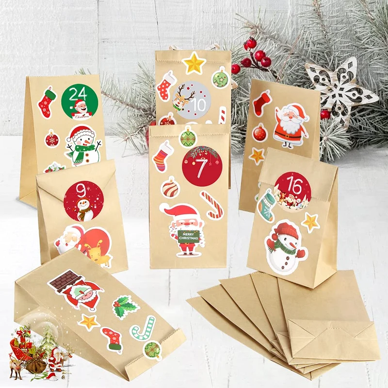Calendario dell'Avvento, 25 Sacchetti di Carta Kraft con Adesivi Numerici, Calendario dell'Avvento Fai da Te, Avvento Calendario Avvento da Riempire, Calendario di Natale per Bambino