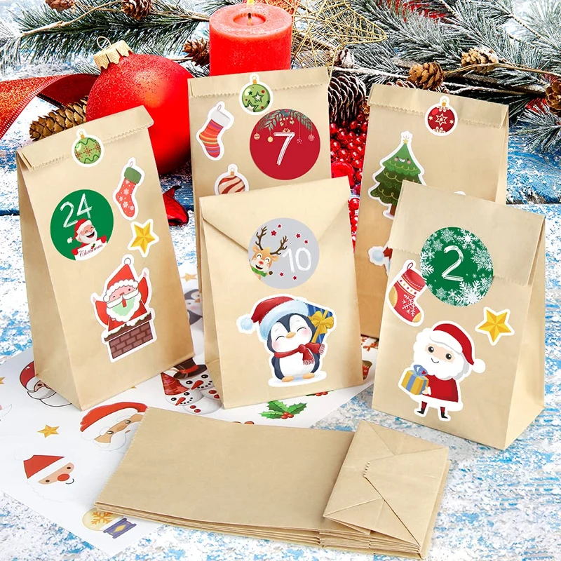 Calendario dell'Avvento, 25 Sacchetti di Carta Kraft con Adesivi Numerici, Calendario dell'Avvento Fai da Te, Avvento Calendario Avvento da Riempire, Calendario di Natale per Bambino