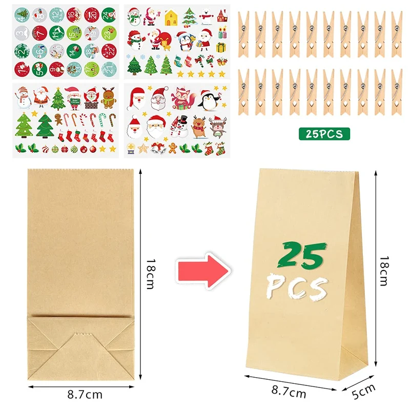 Calendario dell'Avvento, 25 Sacchetti di Carta Kraft con Adesivi Numerici, Calendario dell'Avvento Fai da Te, Avvento Calendario Avvento da Riempire, Calendario di Natale per Bambino