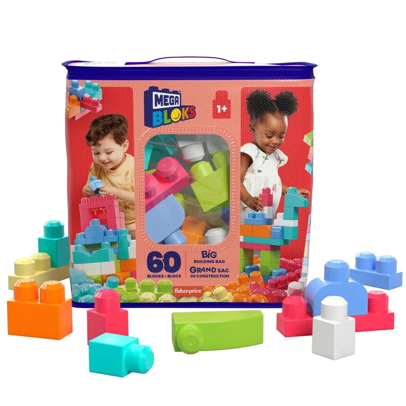 MEGA BLOKS Grande Borsa da Set da costruzione con 60 grandi mattoncini colorati e 1 custodia, set regalo giocattolo per bambini da 1 anno in su. DCH54