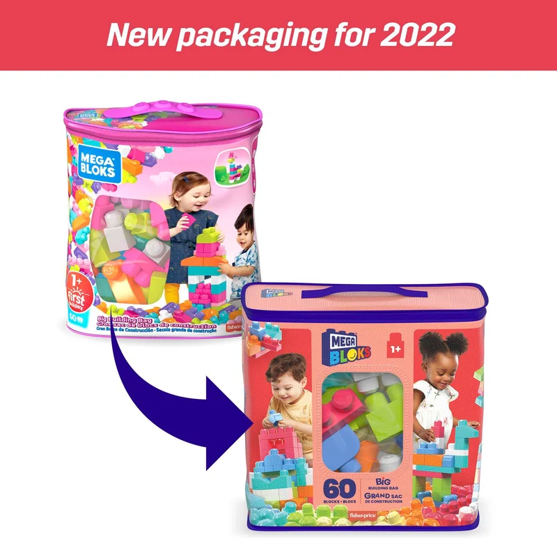 MEGA BLOKS Grande Borsa da Set da costruzione con 60 grandi mattoncini colorati e 1 custodia, set regalo giocattolo per bambini da 1 anno in su. DCH54