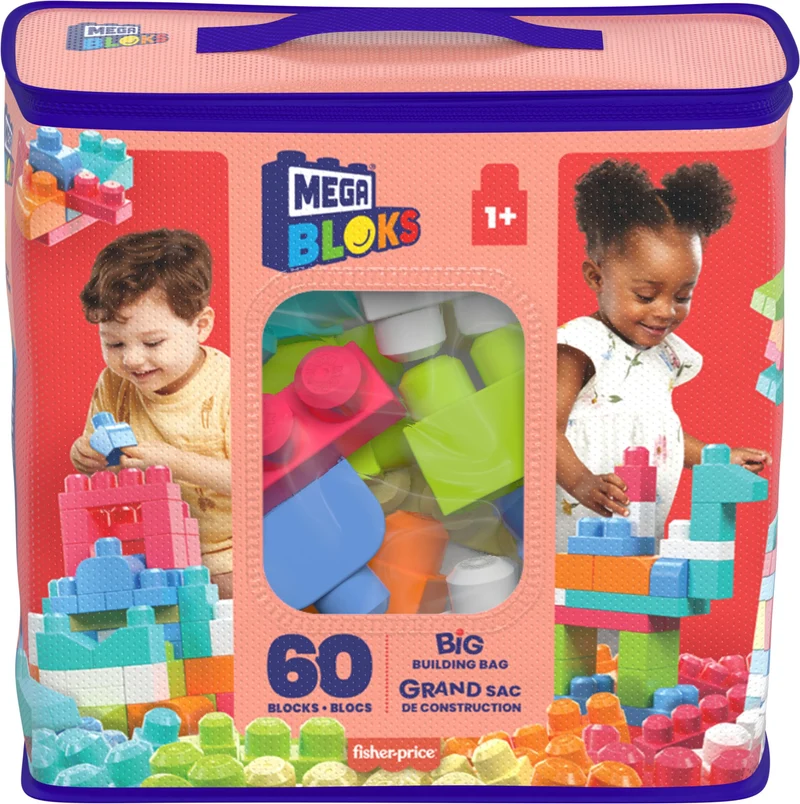 MEGA BLOKS Grande Borsa da Set da costruzione con 60 grandi mattoncini colorati e 1 custodia, set regalo giocattolo per bambini da 1 anno in su. DCH54
