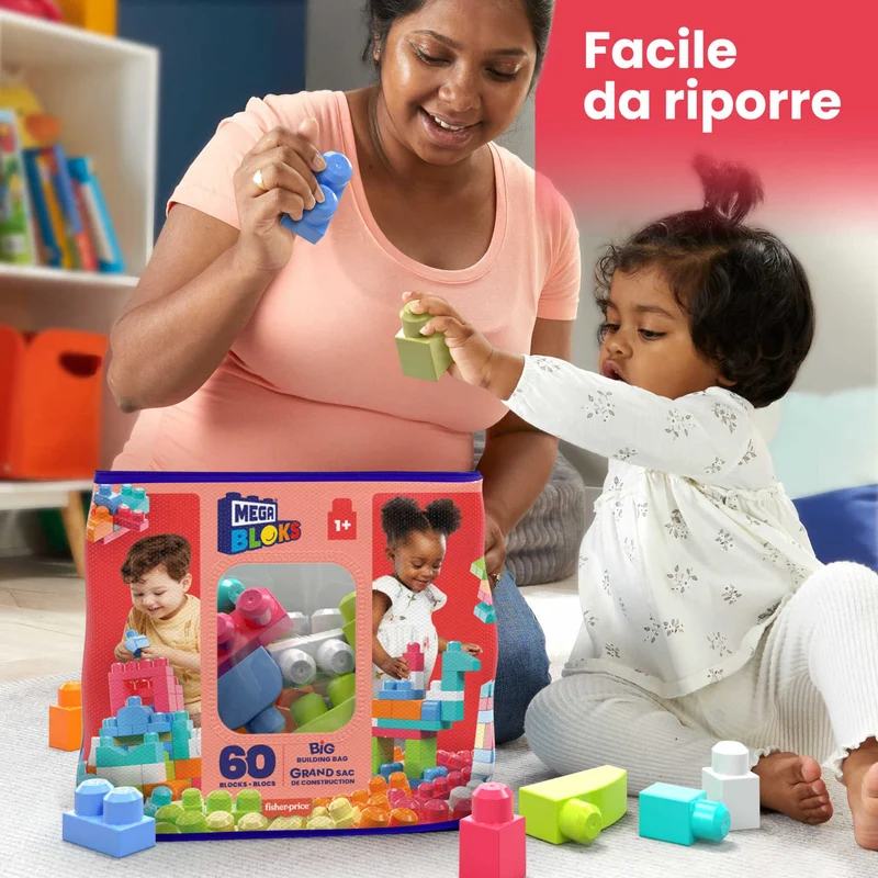MEGA BLOKS Grande Borsa da Set da costruzione con 60 grandi mattoncini colorati e 1 custodia, set regalo giocattolo per bambini da 1 anno in su. DCH54