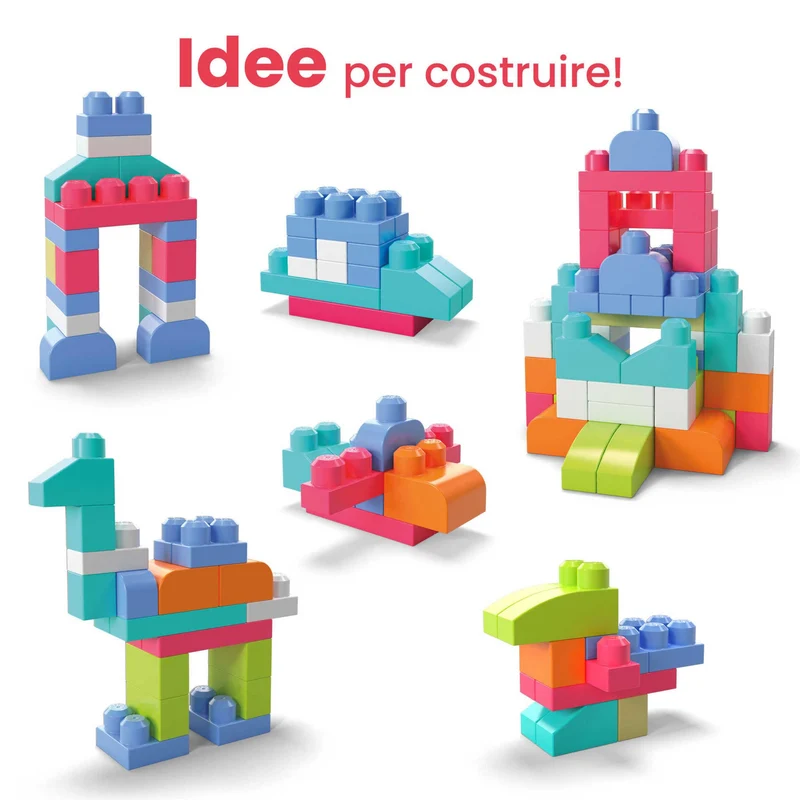 MEGA BLOKS Grande Borsa da Set da costruzione con 60 grandi mattoncini colorati e 1 custodia, set regalo giocattolo per bambini da 1 anno in su. DCH54