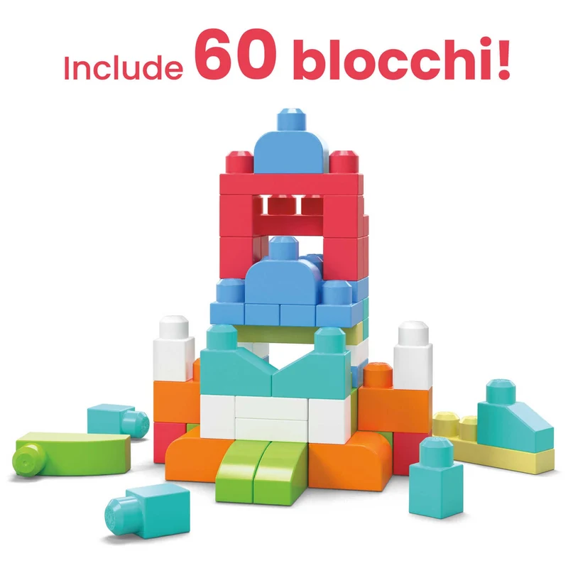 MEGA BLOKS Grande Borsa da Set da costruzione con 60 grandi mattoncini colorati e 1 custodia, set regalo giocattolo per bambini da 1 anno in su. DCH54