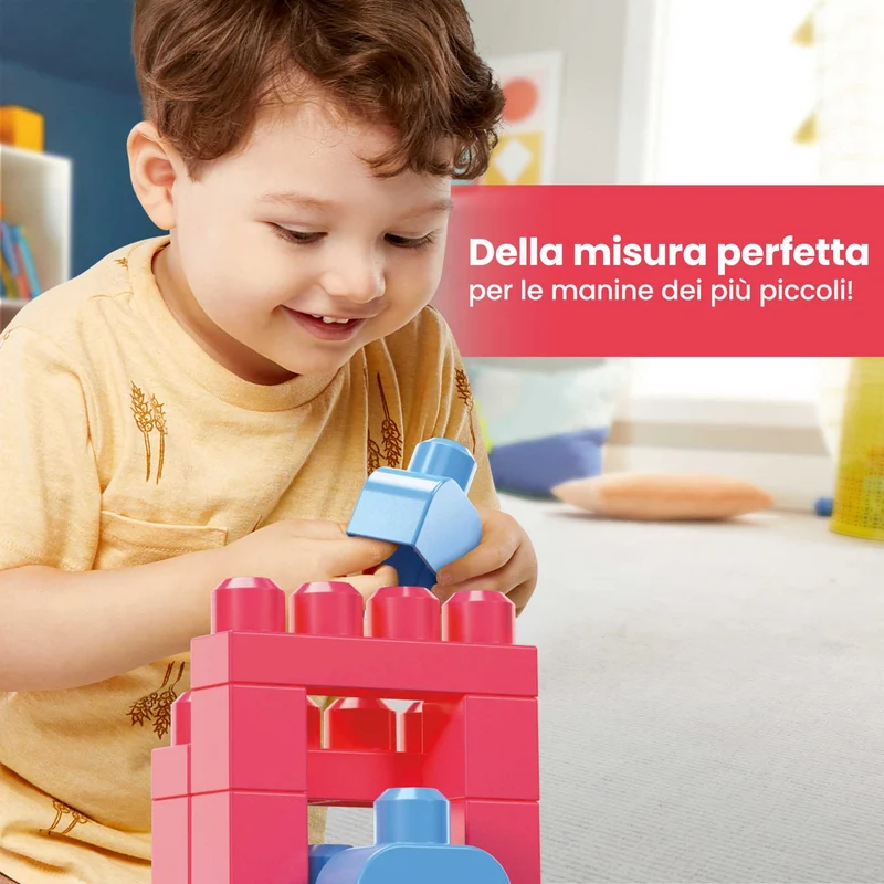 MEGA BLOKS Grande Borsa da Set da costruzione con 60 grandi mattoncini colorati e 1 custodia, set regalo giocattolo per bambini da 1 anno in su. DCH54