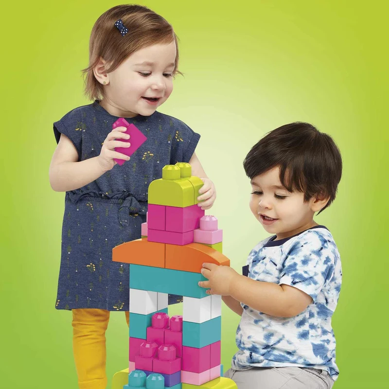 MEGA BLOKS Grande Borsa da Set da costruzione con 60 grandi mattoncini colorati e 1 custodia, set regalo giocattolo per bambini da 1 anno in su. DCH54