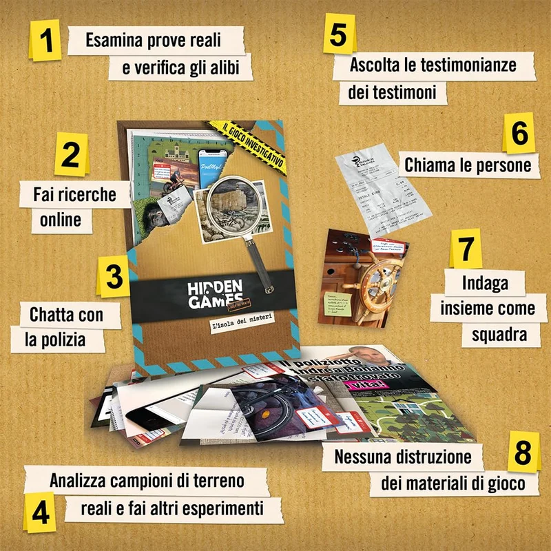 Hidden Games Luogo del Reato - L'isola dei misteri - Italiana - gioco realistico Della Scena del crimine, gioco emozionante del Detective, gioco Della Stanza di fuga