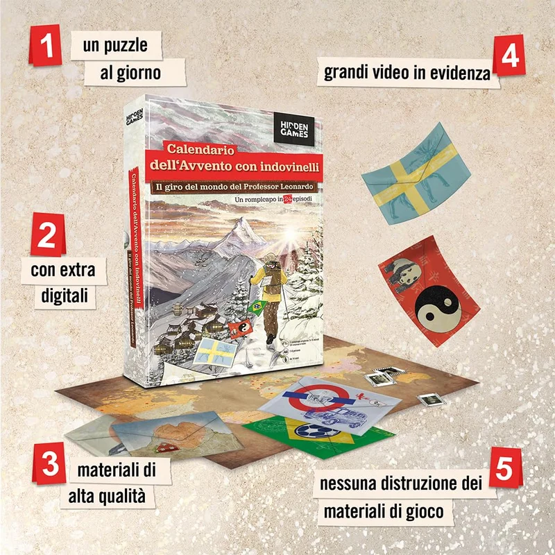Hidden Games - Calendario dell'Avvento con puzzle -Il Giro del Mondo del Professor Leonardo - Un gioco di enigmi in 24 buste misteriose