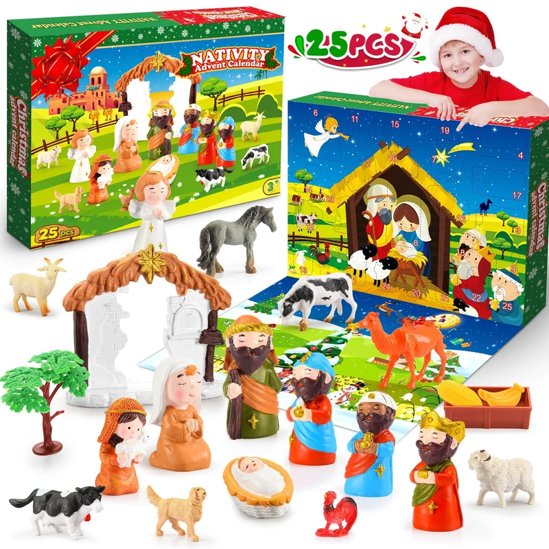 Geebiiny Calendario Avvento 2024, Presepe Bambini Calendario Avvento per Bambini Calendario di Avvento Presepe Accessori Calendario dell Avvento Regalo di Natale Calendario Avvento Bambino Bambina